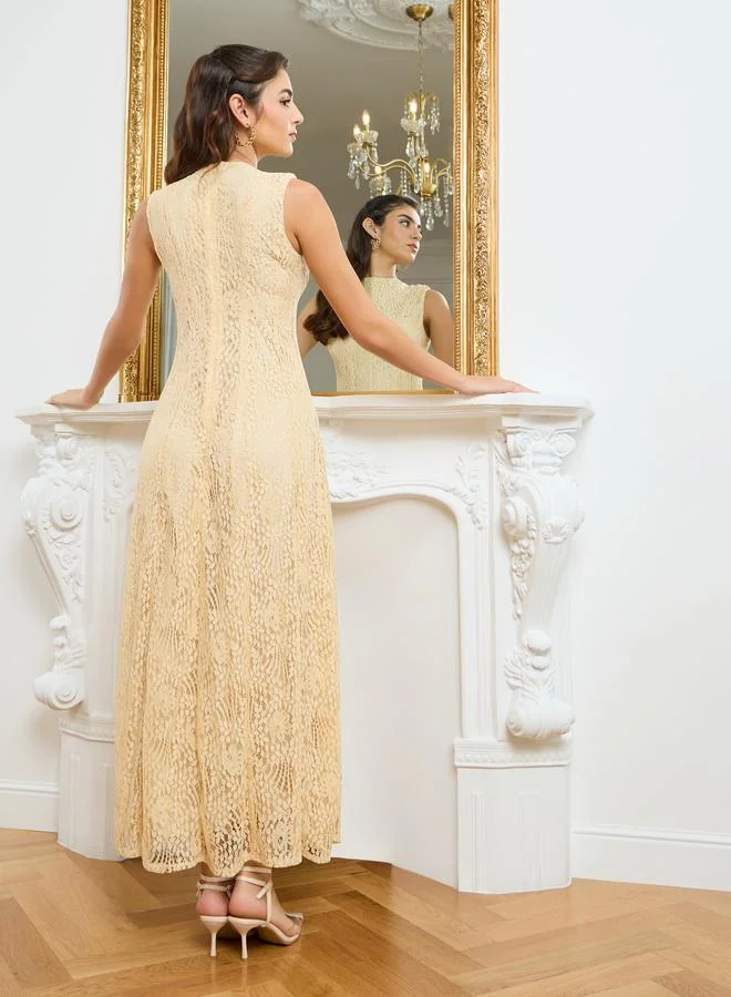 Styli  Women Cream Sleeveless Lace Maxi Dress for Women | Best Price UAE